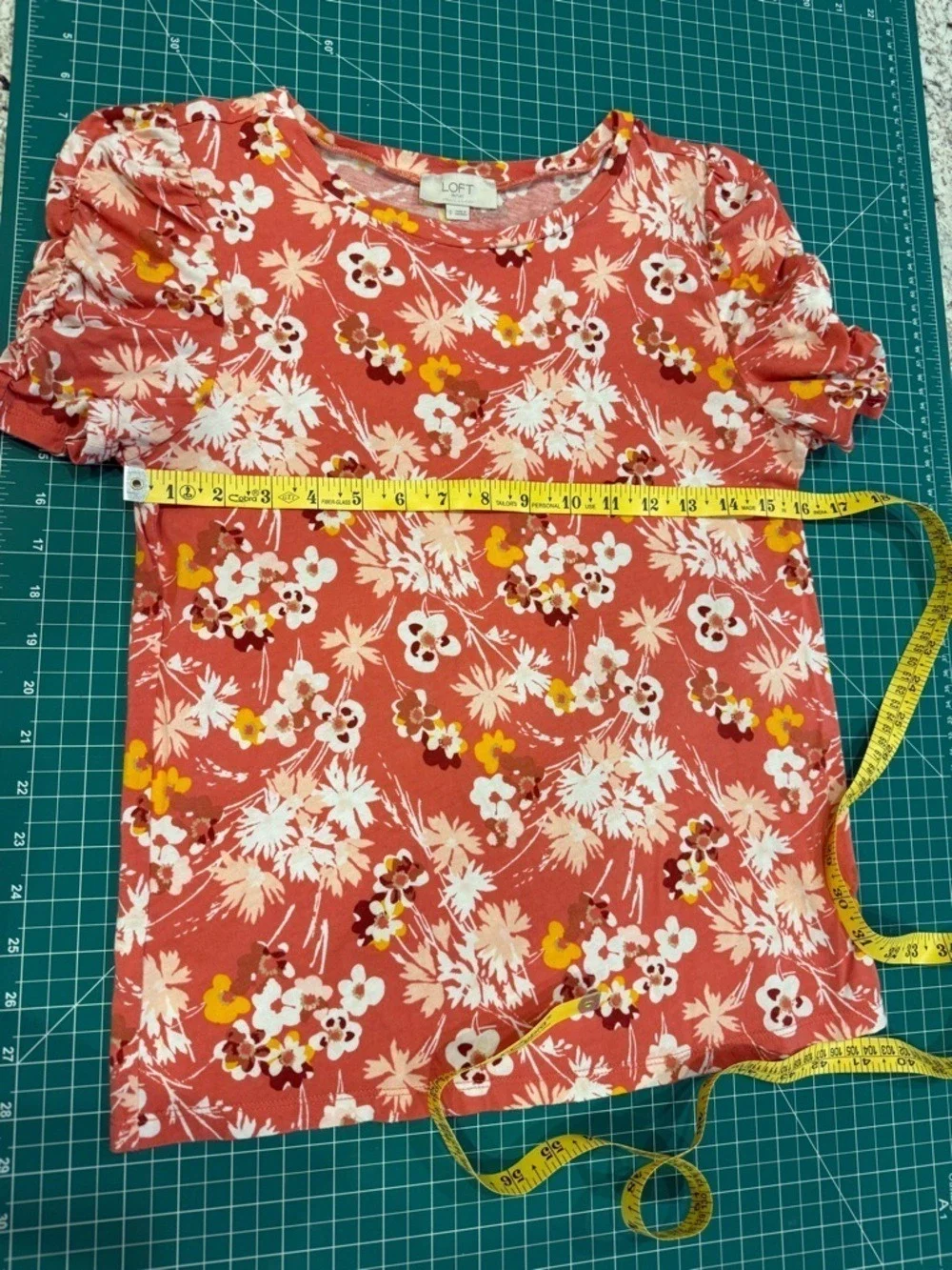 LOFT Floral Puff Sleeve Top Coral Blouse Summer Tee Size S